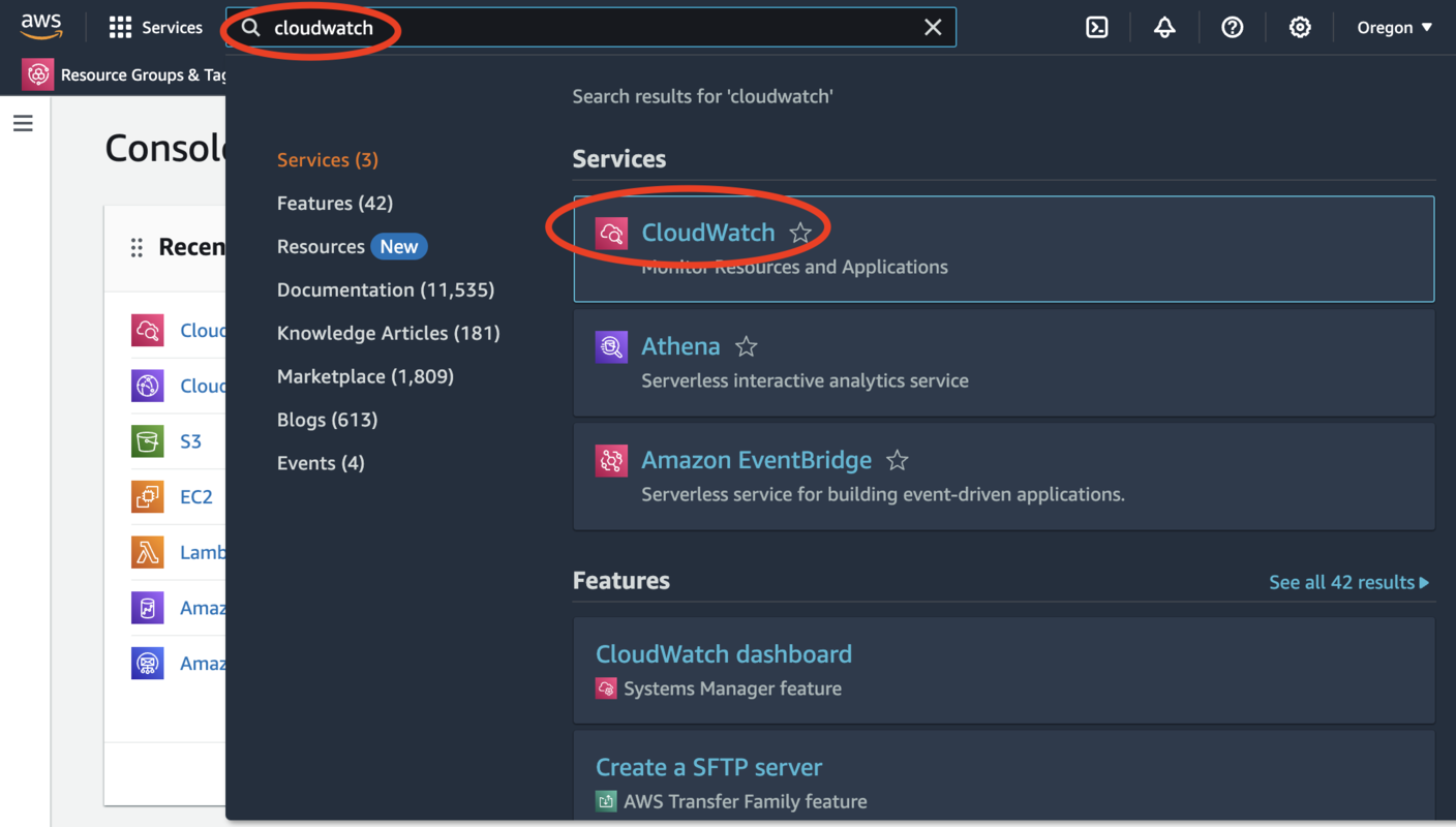 screenshot showing how to search for CloudWatch in the AWS Console