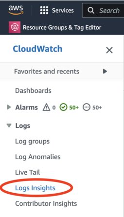 screenshot showing the Logs Insights menu item in CloudWatch