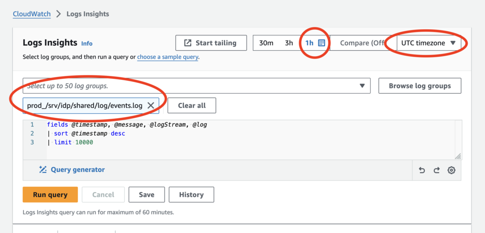 screenshot of the query interface for CloudWatch Insights