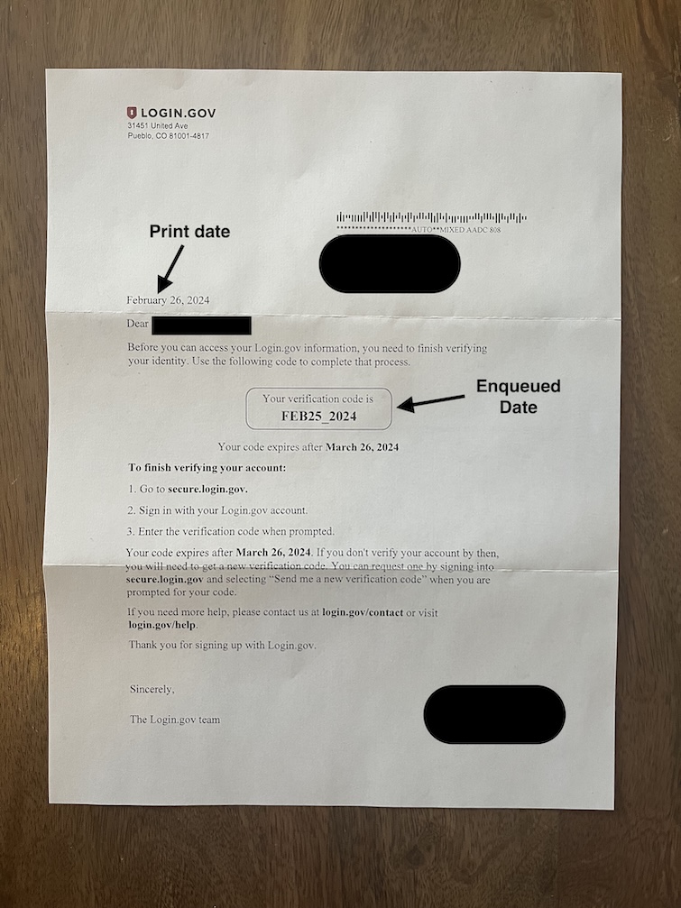 GPO letter with arrows pointing to enqueued and printed dates