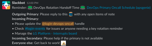 Screenshot of weekly Slack message for DevOps rotation handoffs