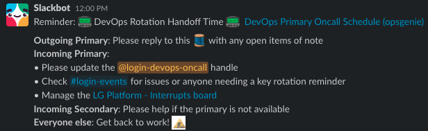 Screenshot of weekly Slack message for Platform rotation handoffs